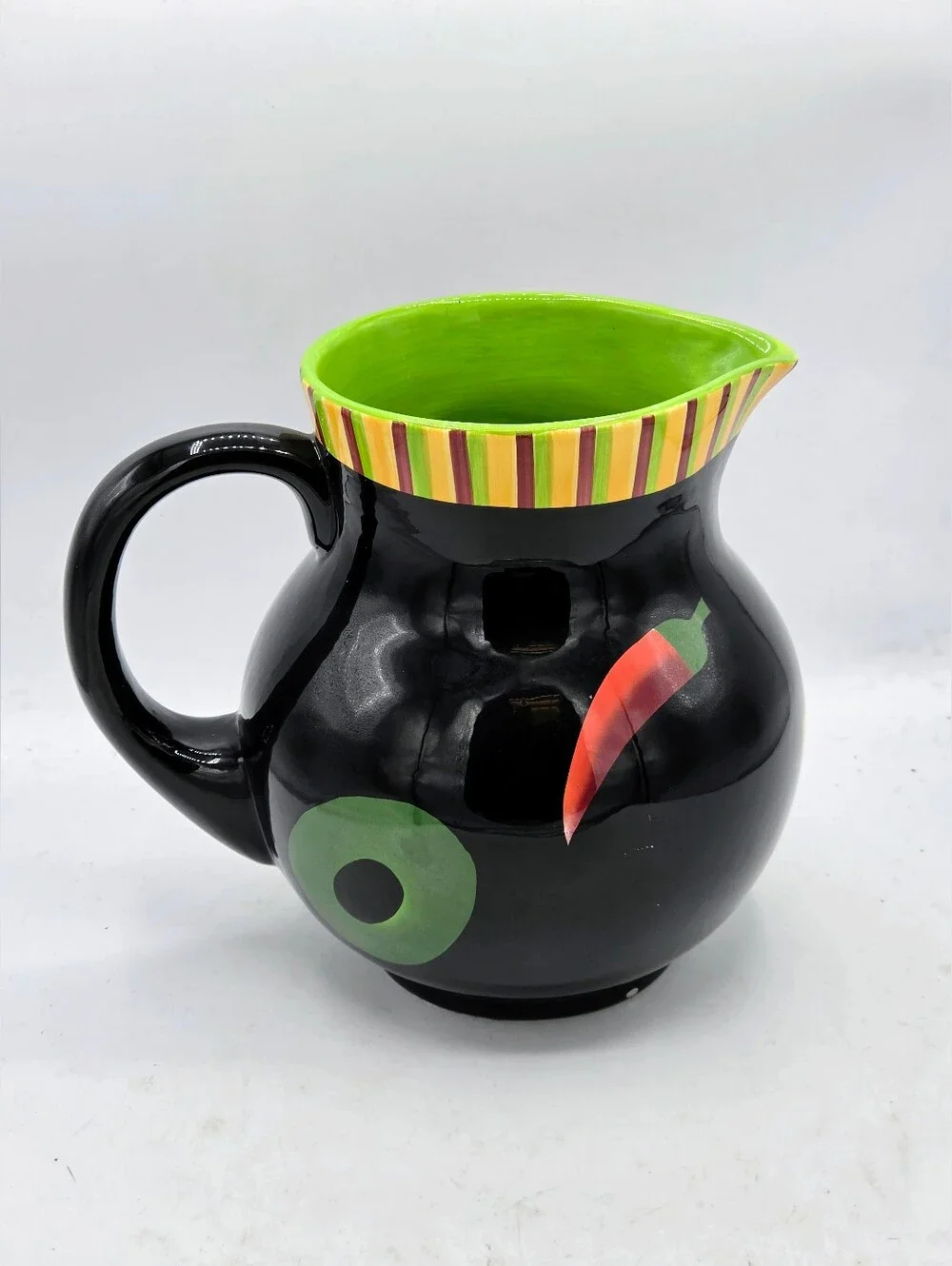 Crate & Barrel Ceramic Fruit & Chili Pepper Pitcher - Black